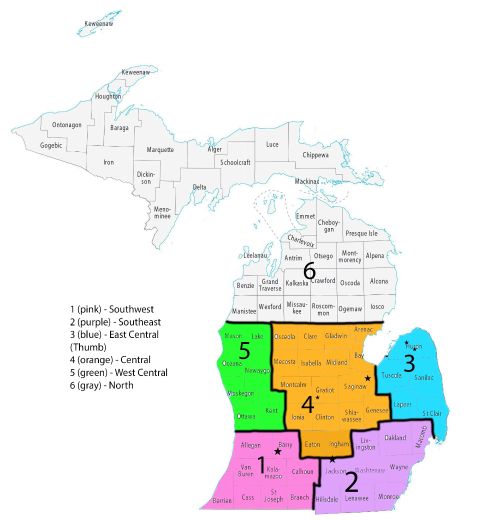 A colored and sectioned-off map of Michigan.