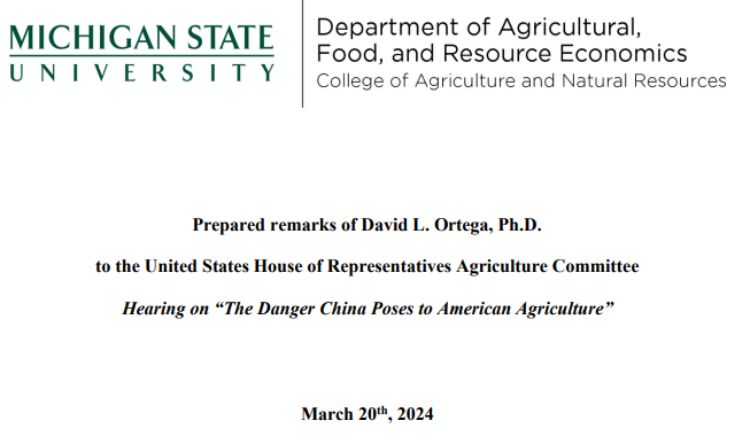 David L. Ortega Addresses U.S. House Committee on the Importance of U.S.-China Relations in Agriculture