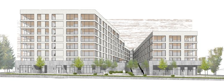 Rendering of the front exterior side of a new mass timber building.