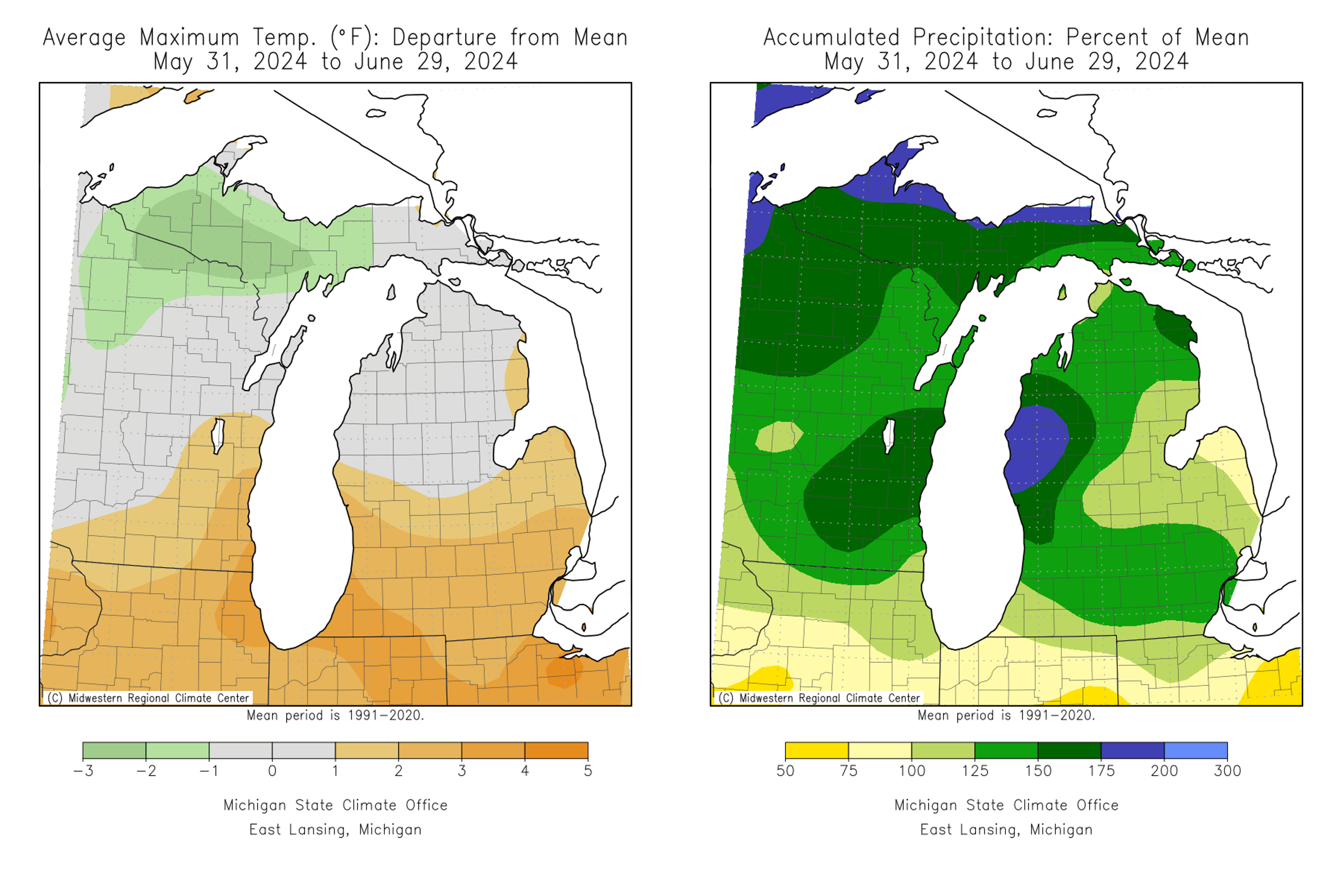 Maps of Michigan showing the 30-day temperature and precipitation departure from mean.